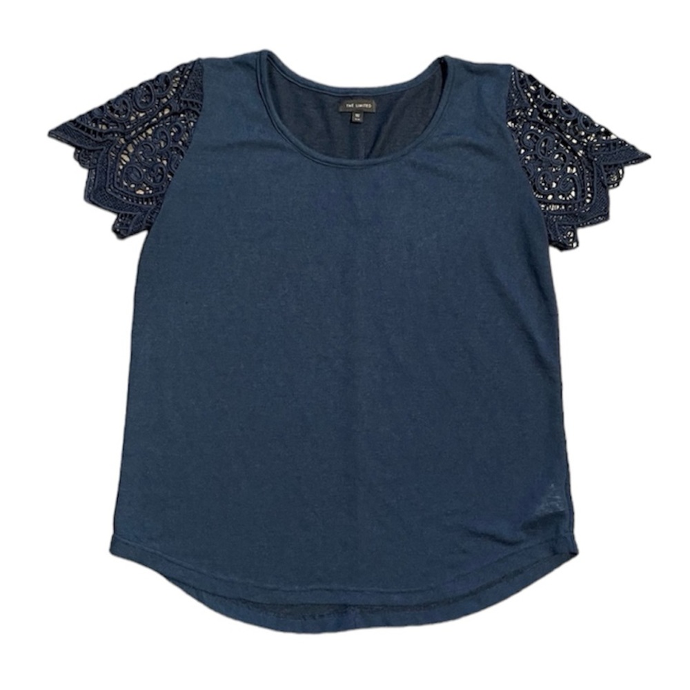 Navy Lace Short Sleeve T Shirt Blouse.